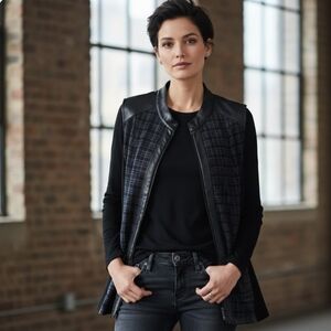 Le Grenier Plaid Longline Vest with Faux Leather Trim,Casual Chic, size XL